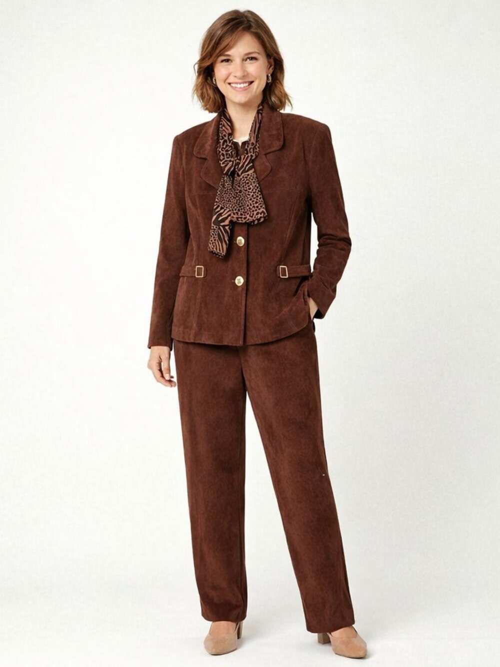 Rich Chocolate Faux-Suede Halmode Pant Suit w/ Leopard Scarf Petite 8 Retro Chic